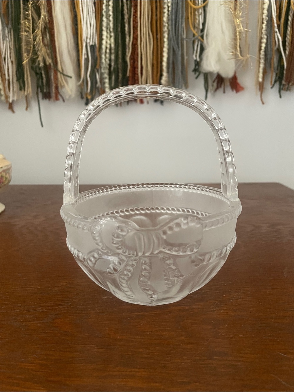 Frosted Glass Bow Basket with Handle studio crystal  bowl - heavy